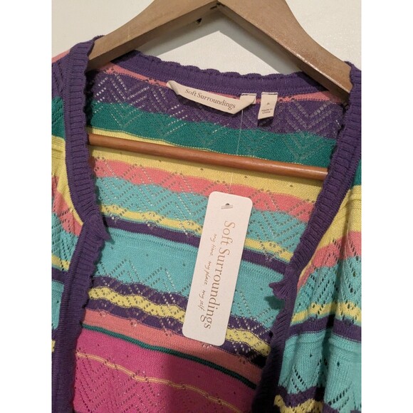 Nwt L Soft Surroundings Cardigan Women Medium Silk 3/4 Sleeve  Pointelle Stripe - Picture 3 of 7